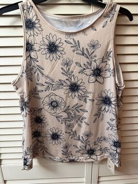 Floral Scoop Neck Tank Top - Cream with Black Print